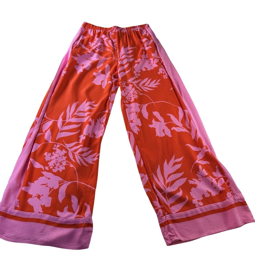 Sienna Sky Pink & Orange Floral Linen Blend Flowy Wide Leg Pants Large